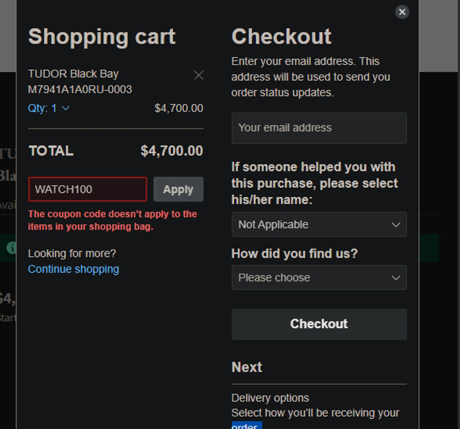 Exquisite Timepieces checkout page showing Exquisite Timepieces promo code box | Screenshot taken by SimplyCodes community member on Feb 26, 2025