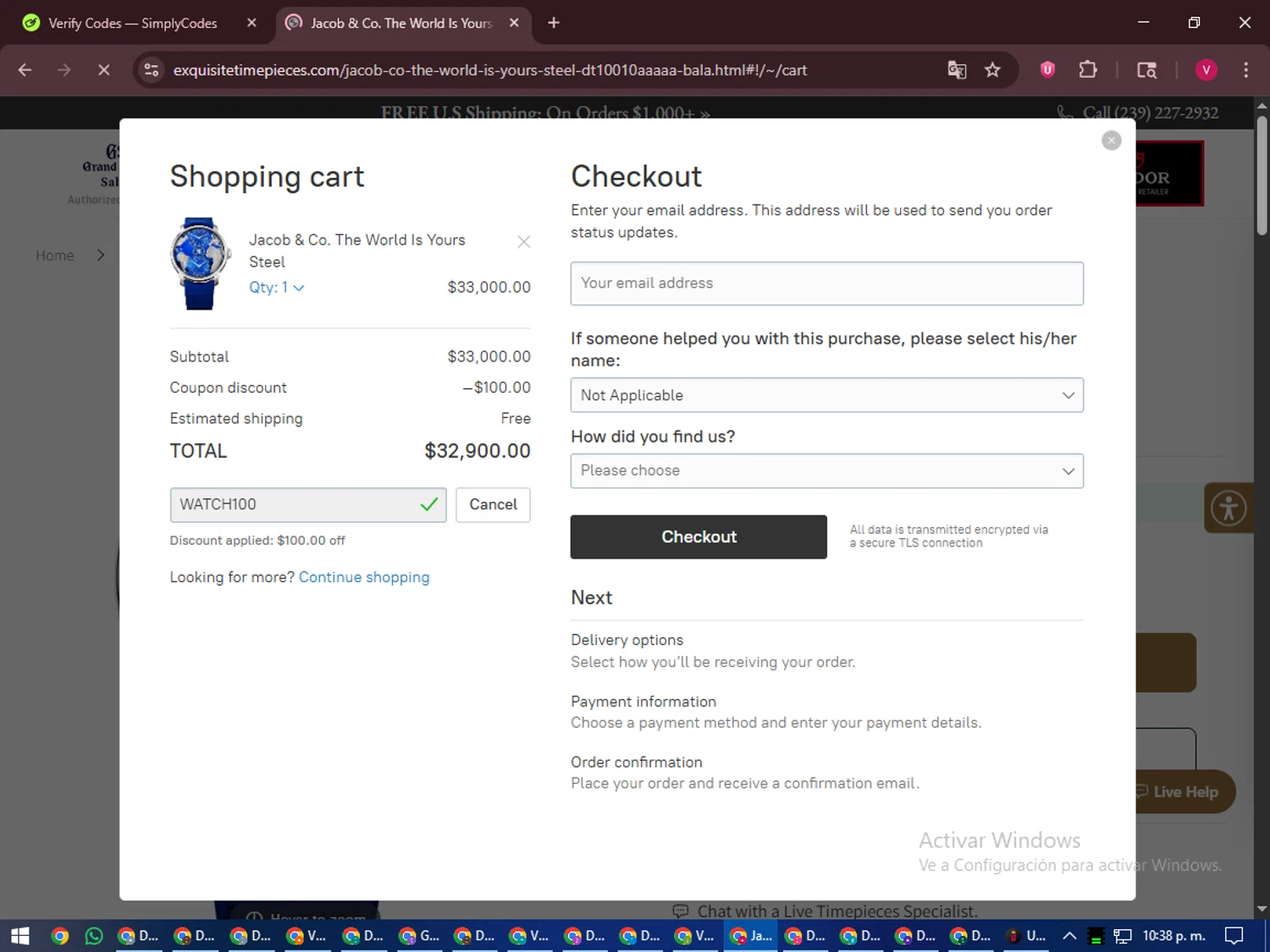Exquisite Timepieces promo code screenshot showing code WATCH100 applied at Exquisite Timepieces checkout page. Uploaded by SimplyCodes community member ShieldEagle6102 on Oct 26, 2025