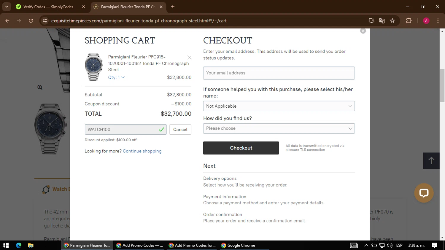 Exquisite Timepieces checkout page showing Exquisite Timepieces promo code box | Screenshot taken by SimplyCodes community member on Jun 25, 2024