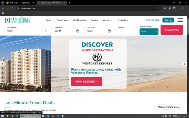 Extra Holidays checkout page showing Extra Holidays promo code box | Screenshot taken by SimplyCodes community member on Jul 24, 2025