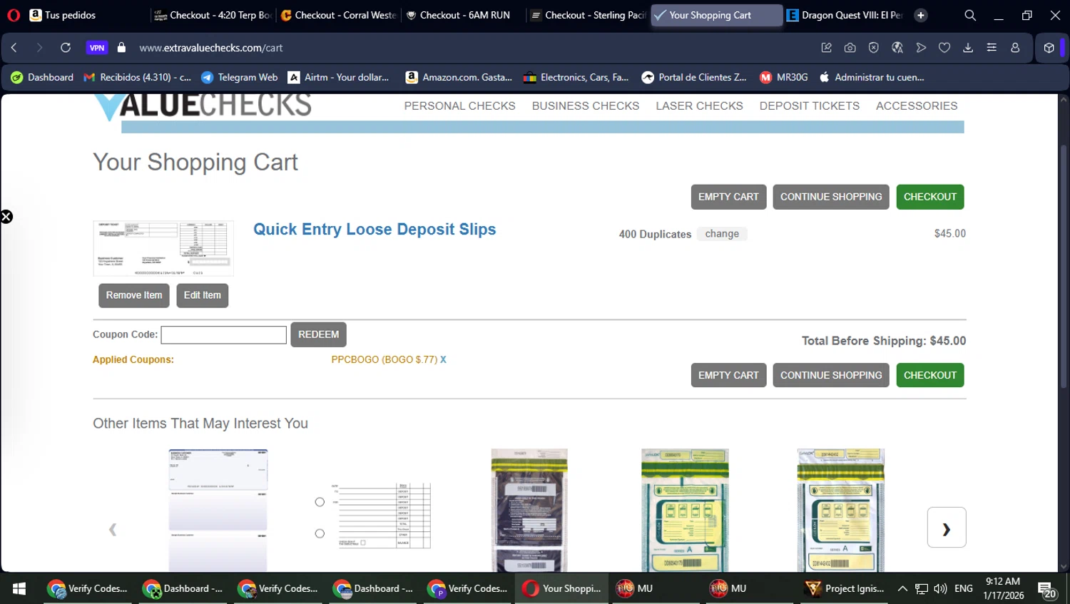 Extra Value Checks promo code screenshot showing code PPCBOGO applied at Extra Value Checks checkout page. Uploaded by SimplyCodes community member TrevorPhilips on Jan 17, 2026