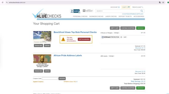 Extra Value Checks checkout page showing Extra Value Checks coupon code box | Screenshot taken by SimplyCodes community member on Sep 9, 2025