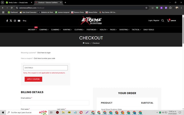 Extreme Outfitters checkout page showing Extreme Outfitters discount code box | Screenshot taken by SimplyCodes community member on Jul 7, 2025