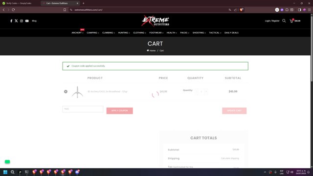 Extreme Outfitters checkout page showing Extreme Outfitters discount code box | Screenshot taken by SimplyCodes community member on Jul 24, 2025