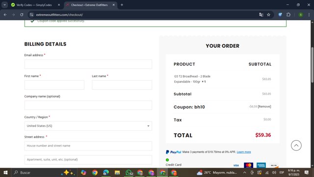 Extreme Outfitters checkout page showing Extreme Outfitters discount code box | Screenshot taken by SimplyCodes community member on Jul 9, 2025