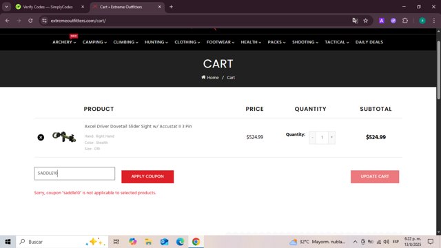 Extreme Outfitters checkout page showing Extreme Outfitters discount code box | Screenshot taken by SimplyCodes community member on Aug 13, 2025
