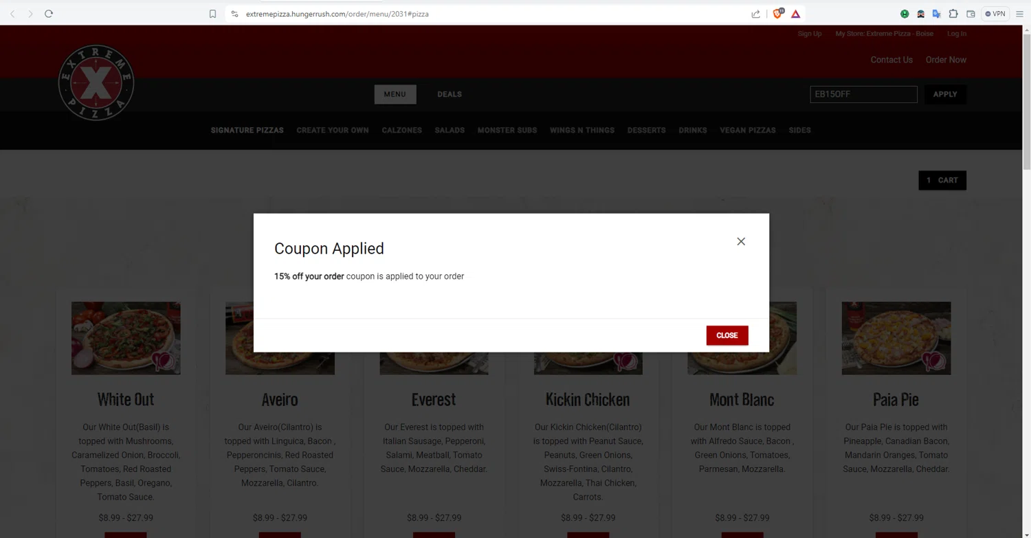 where to use Extreme Pizza promo code box