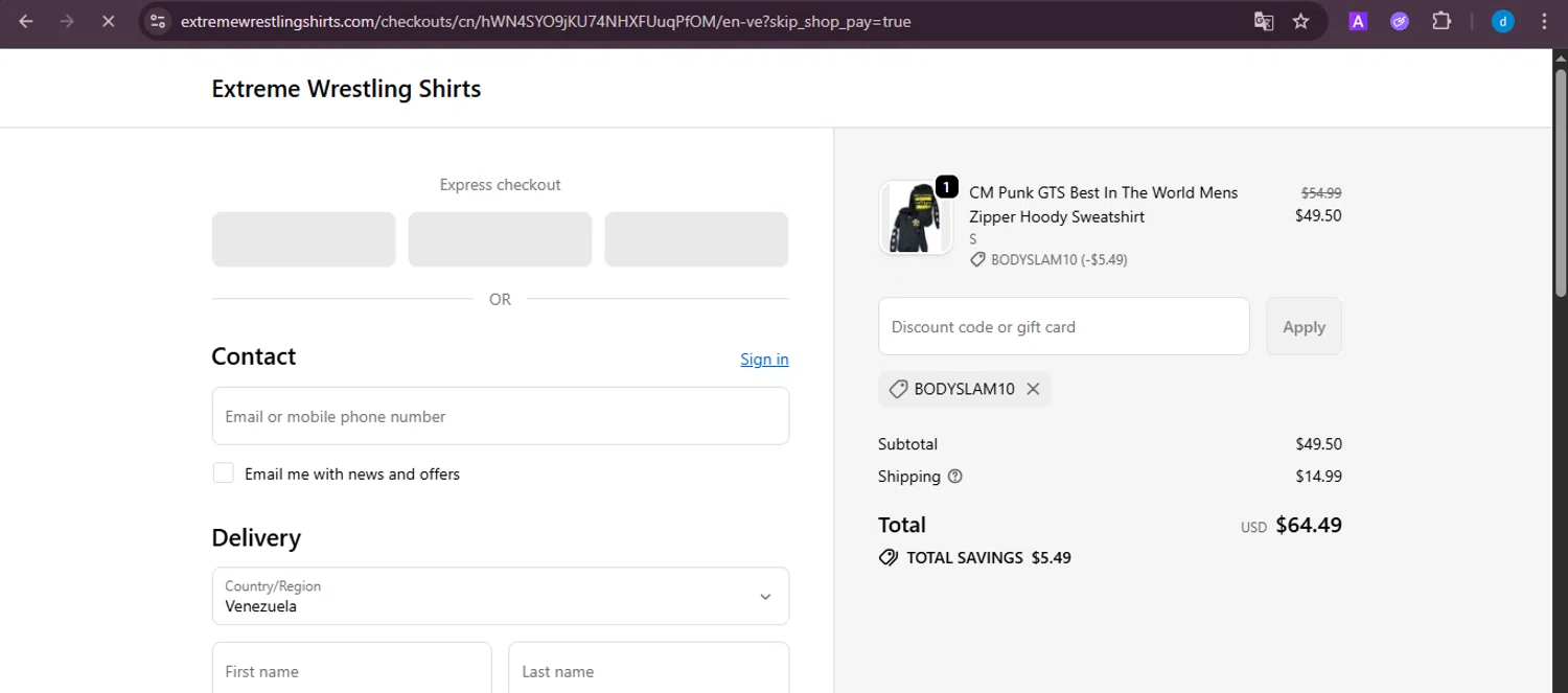 Extreme Wrestling Shirts promo code screenshot showing code Bodyslam10 applied at Extreme Wrestling Shirts checkout page. Uploaded by SimplyCodes community member ShieldKnight4744 on Oct 23, 2025