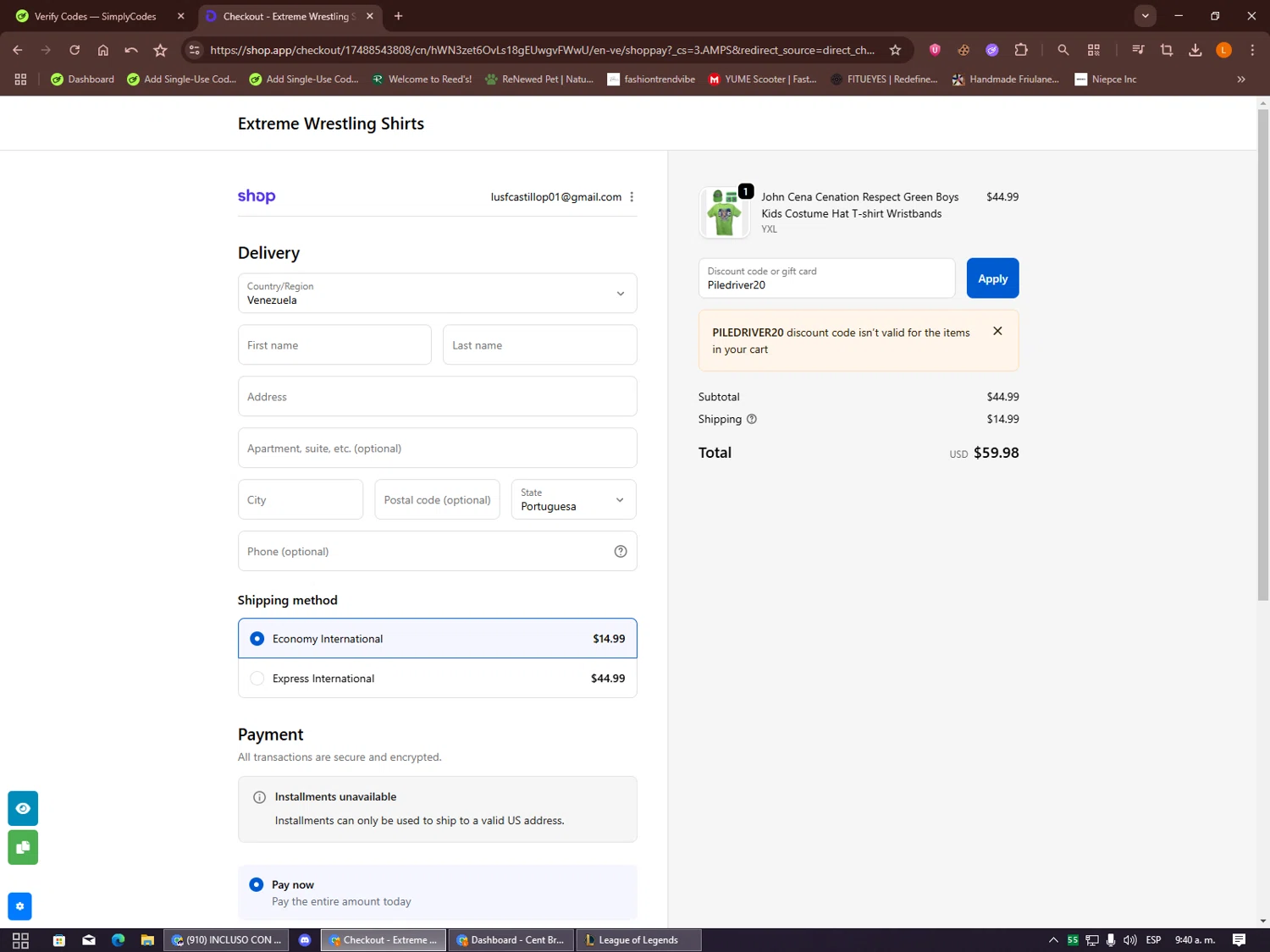 Extreme Wrestling Shirts promo code screenshot showing code Piledriver20 applied at Extreme Wrestling Shirts checkout page. Uploaded by SimplyCodes community member Alalee on Oct 11, 2025