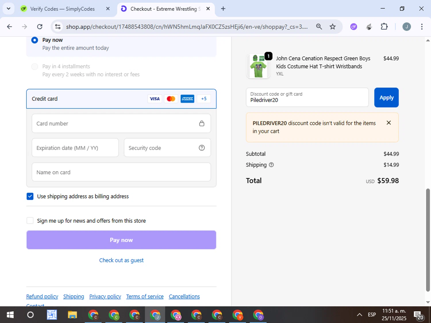 Extreme Wrestling Shirts promo code screenshot showing code Piledriver20 applied at Extreme Wrestling Shirts checkout page. Uploaded by SimplyCodes community member ValueTracker8384 on Nov 25, 2025