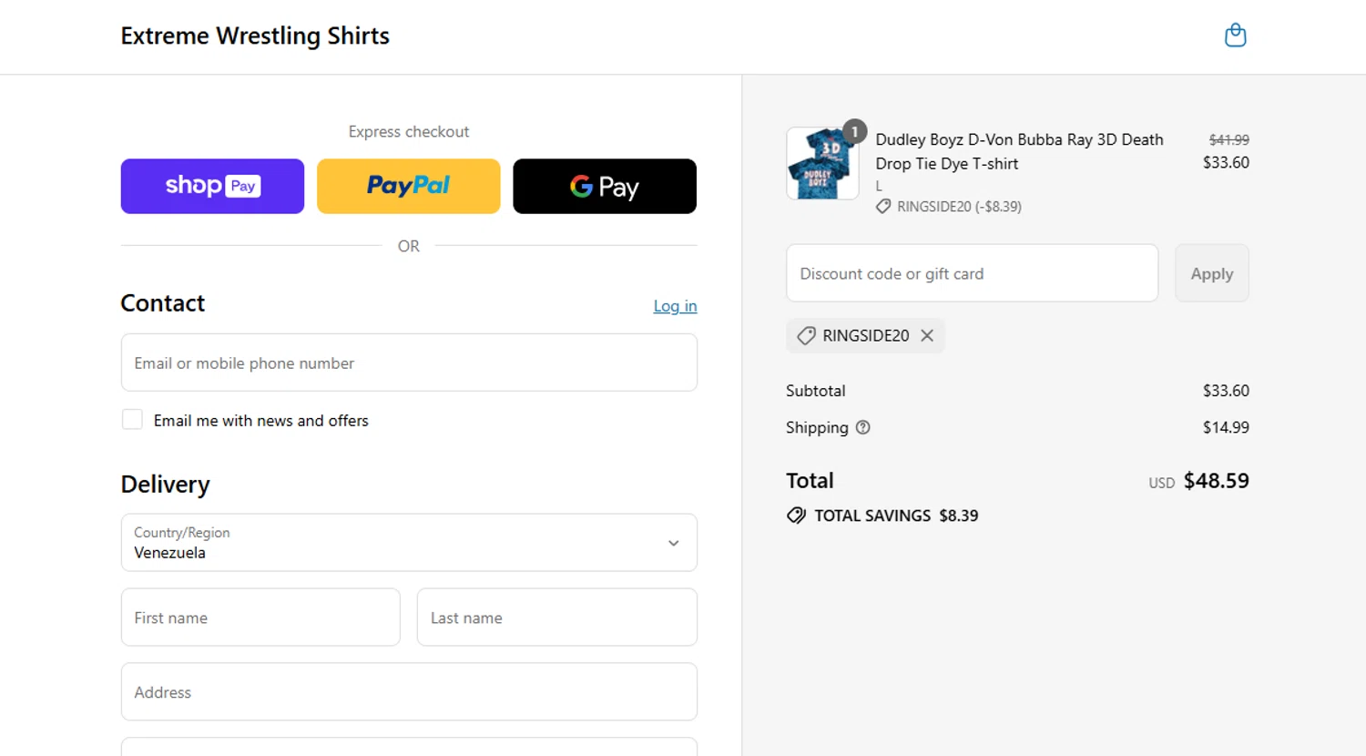 Extreme Wrestling Shirts promo code screenshot showing code RINGSIDE20 applied at Extreme Wrestling Shirts checkout page. Uploaded by SimplyCodes community member ylenisjordan on Jul 6, 2025