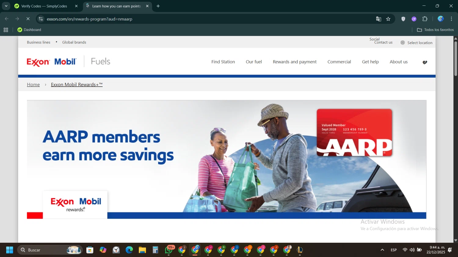 Exxon Mobil Rewards promo code screenshot showing code nmaarp applied at Exxon Mobil Rewards checkout page. Uploaded by SimplyCodes community member VictoriousPioneer4638 on Dec 22, 2025