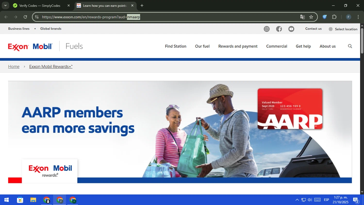 Exxon Mobil Rewards promo code screenshot showing code nmaarp applied at Exxon Mobil Rewards checkout page. Uploaded by SimplyCodes community member pajarito on Oct 21, 2025