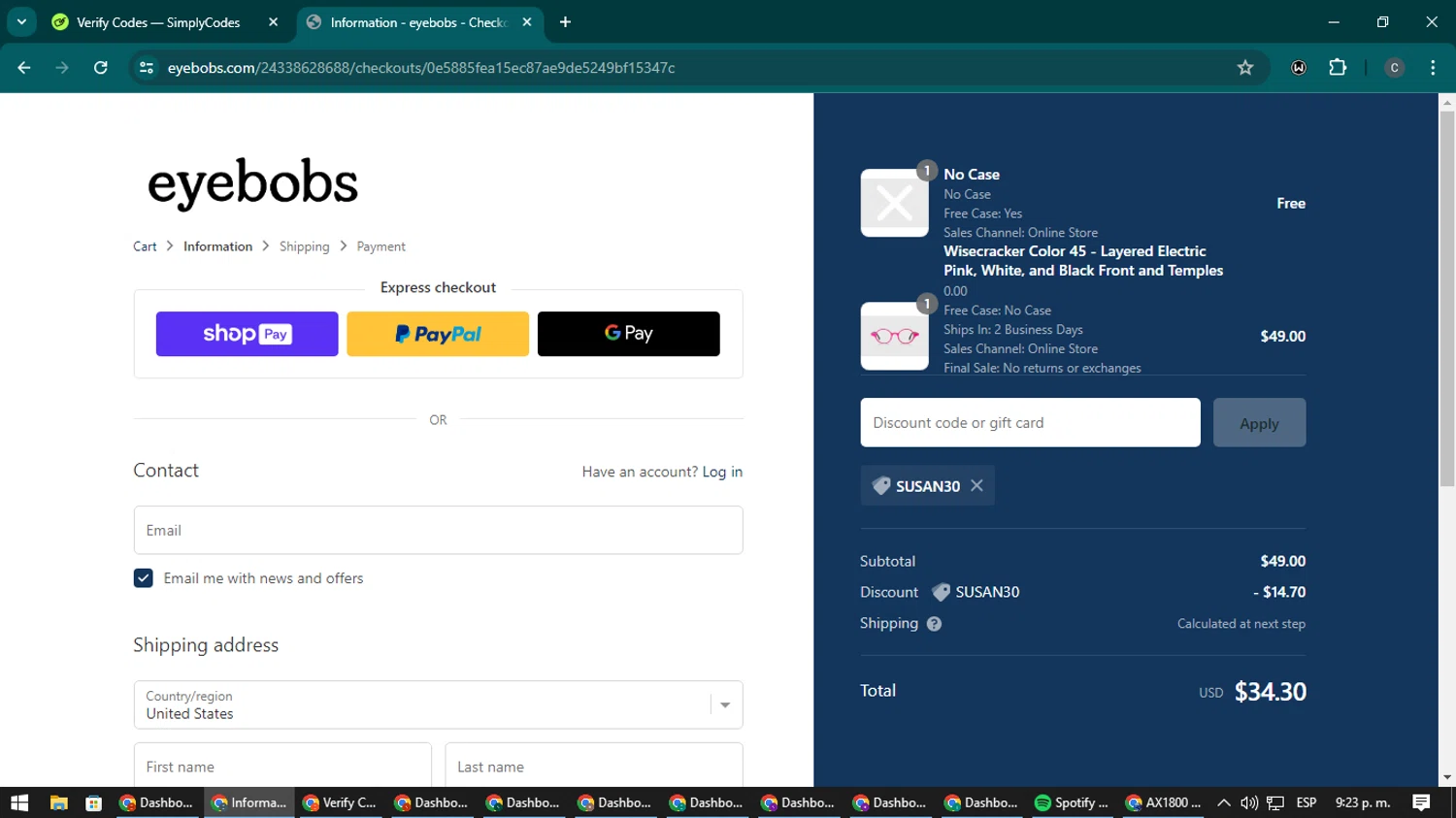 where to use Eyebobs promo code box