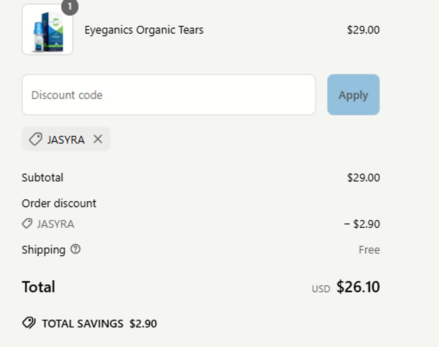Eyeganics discount code screenshot showing code Jasyra applied at Eyeganics checkout page. Uploaded by SimplyCodes community member a2d2c2d211 on May 24, 2025