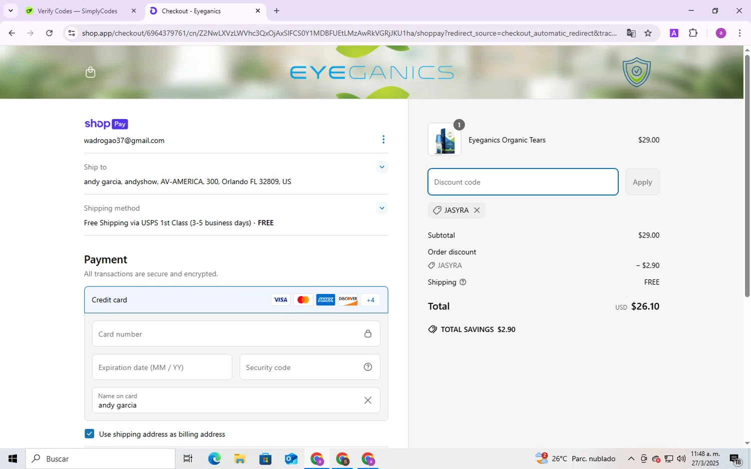 Eyeganics discount code screenshot showing code Jasyra applied at Eyeganics checkout page. Uploaded by SimplyCodes community member CodeMaverick246 on Mar 27, 2025