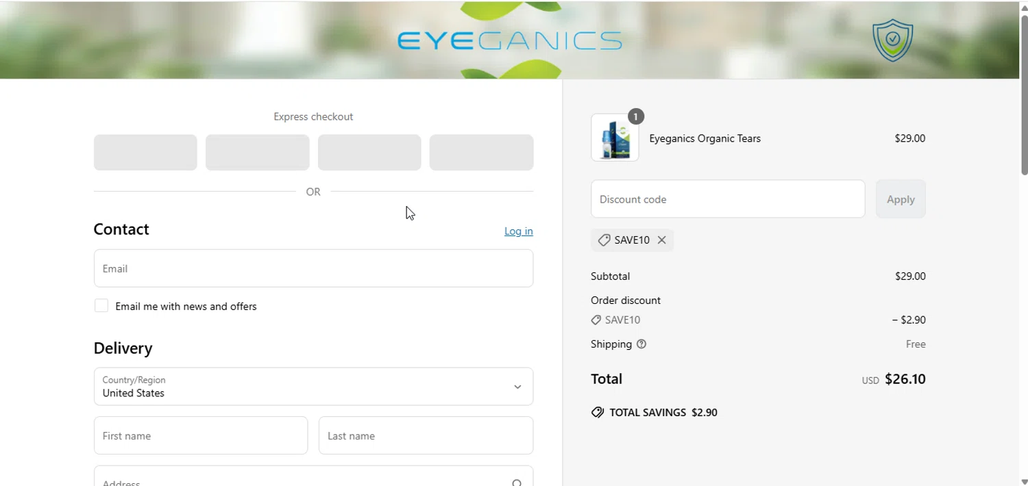 Eyeganics discount code screenshot showing code SAVE10 applied at Eyeganics checkout page. Uploaded by SimplyCodes community member SucreX on Apr 25, 2025