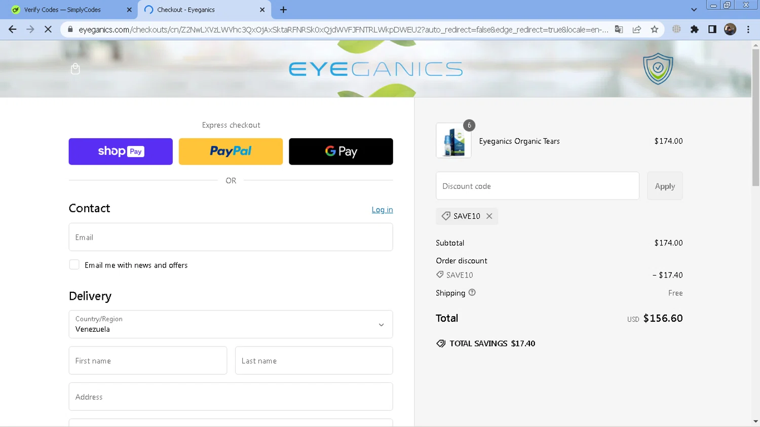 Eyeganics discount code screenshot showing code SAVE10 applied at Eyeganics checkout page. Uploaded by SimplyCodes community member CoinScout855 on Feb 13, 2025