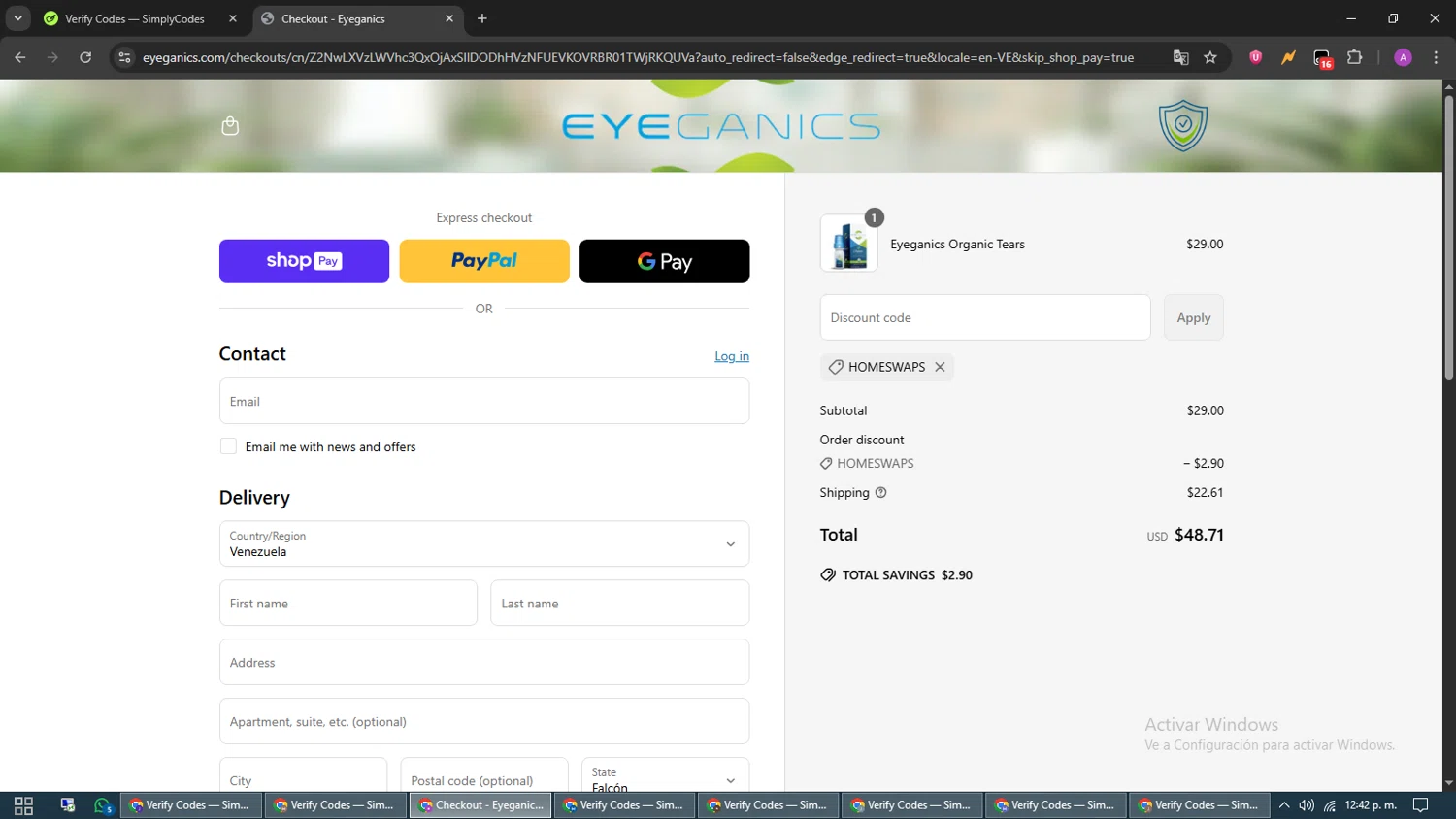 Eyeganics discount code screenshot showing code homeswaps applied at Eyeganics checkout page. Uploaded by SimplyCodes community member CouponScout5403 on Jun 22, 2025