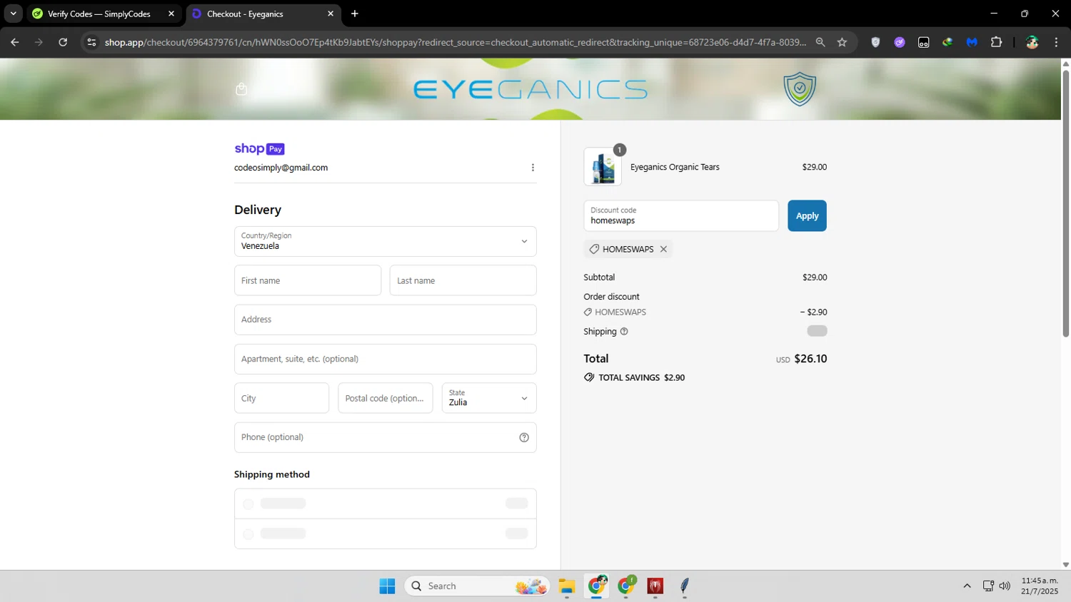 Eyeganics discount code screenshot showing code homeswaps applied at Eyeganics checkout page. Uploaded by SimplyCodes community member franalepe on Jul 21, 2025