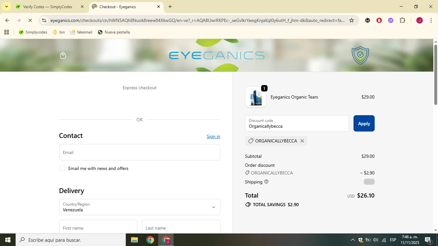 Eyeganics discount code screenshot showing code Organicallybecca applied at Eyeganics checkout page. Uploaded by SimplyCodes community member SavvyChaser3144 on Nov 11, 2025