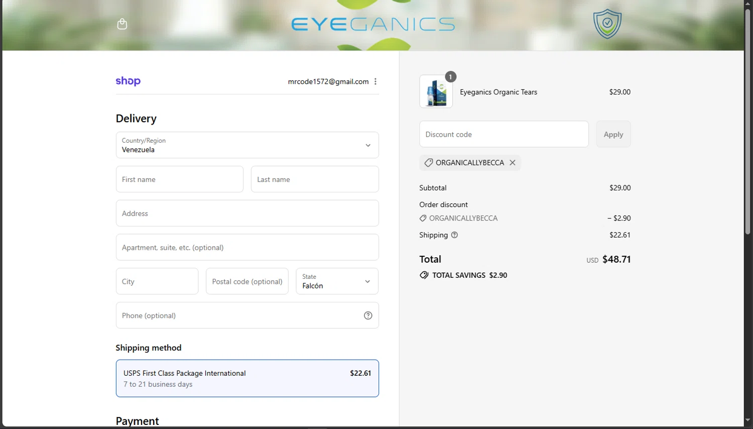 Eyeganics discount code screenshot showing code Organicallybecca applied at Eyeganics checkout page. Uploaded by SimplyCodes community member TokioMiller on Sep 14, 2025
