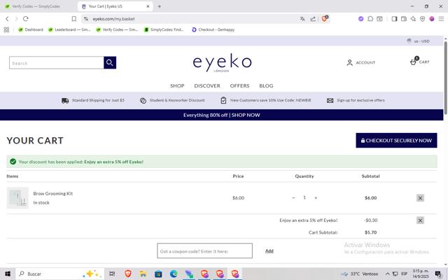 Eyeko checkout page showing Eyeko coupon code box | Screenshot taken by SimplyCodes community member on Sep 14, 2025