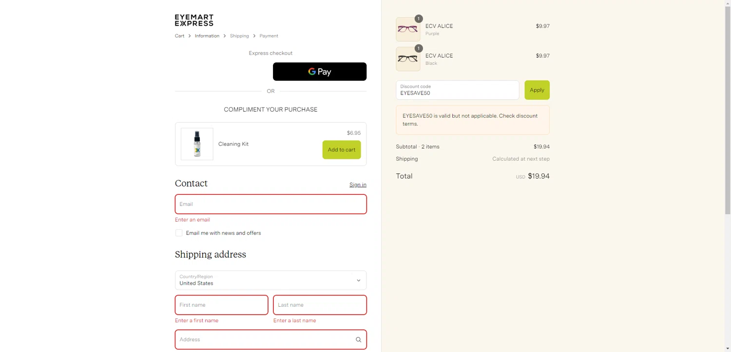 Eyemart Express promo code screenshot showing code EYESAVE50 applied at Eyemart Express checkout page. Uploaded by SimplyCodes community member CleverHawk1744 on Sep 11, 2025
