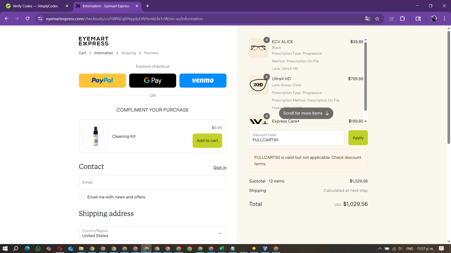 Eyemart Express promo code screenshot showing code FULLCART50 applied at Eyemart Express checkout page. Uploaded by SimplyCodes community member Marielis on Sep 11, 2025