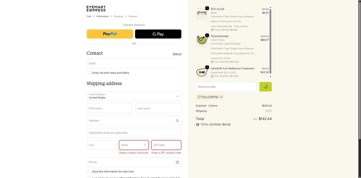 Eyemart Express promo code screenshot showing code FULLCART50 applied at Eyemart Express checkout page. Uploaded by SimplyCodes community member RewardMaven959 on Nov 13, 2025