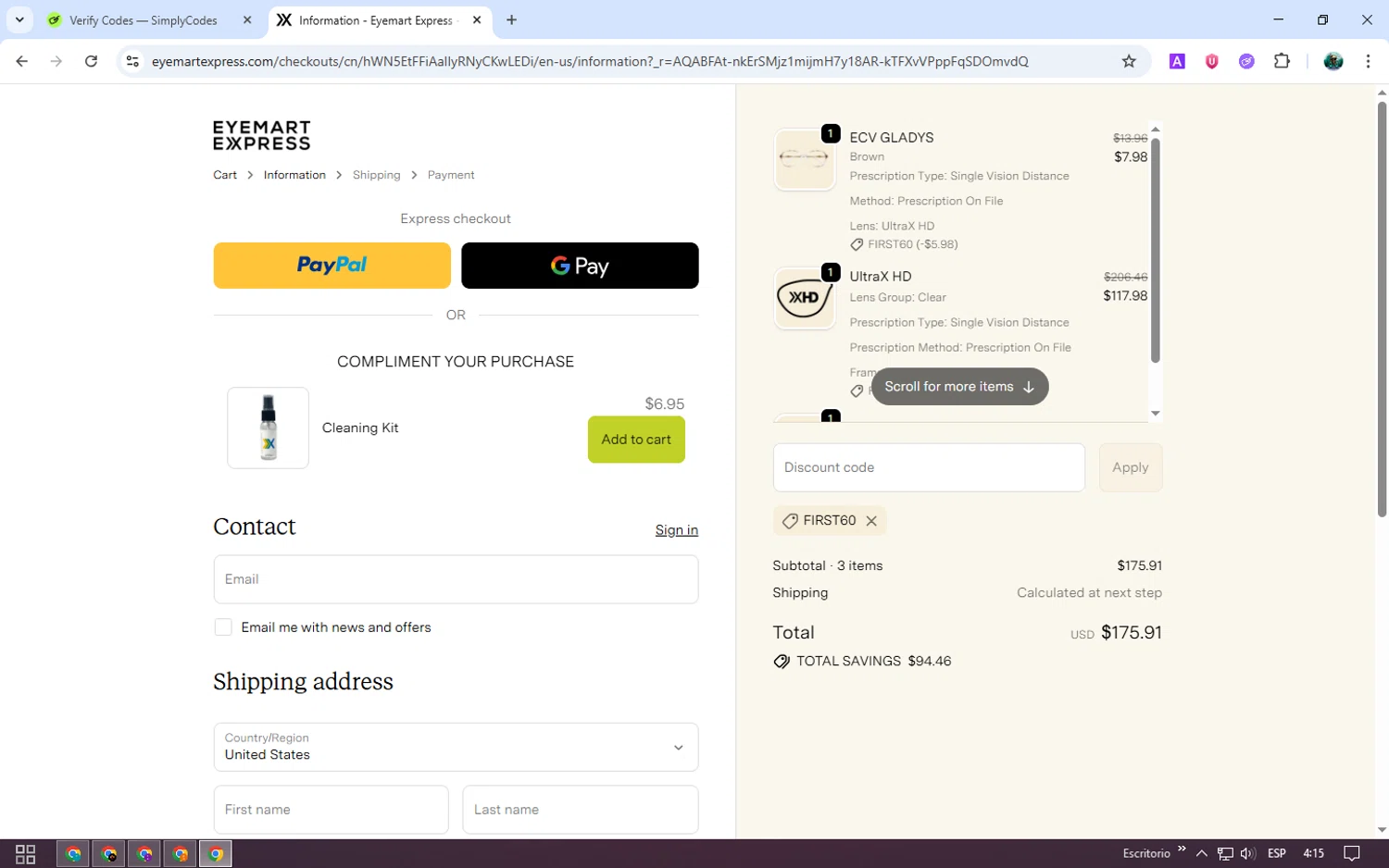 Eyemart Express promo code screenshot showing code FIRST60 applied at Eyemart Express checkout page. Uploaded by SimplyCodes community member neurioandrades on Nov 13, 2025
