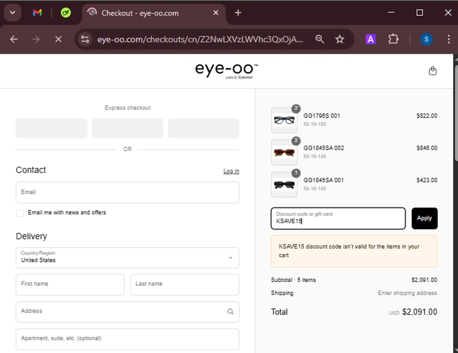 Eye-OO promo code screenshot showing code KSAVE15 applied at Eye-OO checkout page. Uploaded by SimplyCodes community member BrandoJose1 on Apr 20, 2025