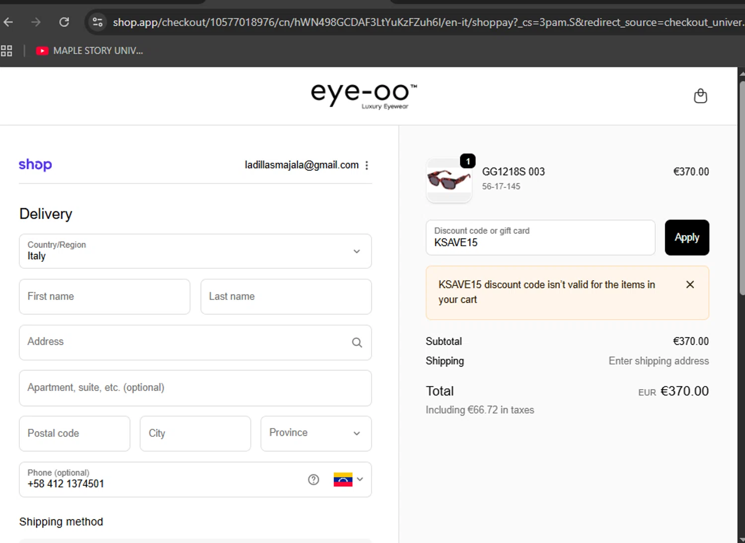 Eye-OO promo code screenshot showing code KSAVE15 applied at Eye-OO checkout page. Uploaded by SimplyCodes community member BudgetTiger2988 on Oct 15, 2025