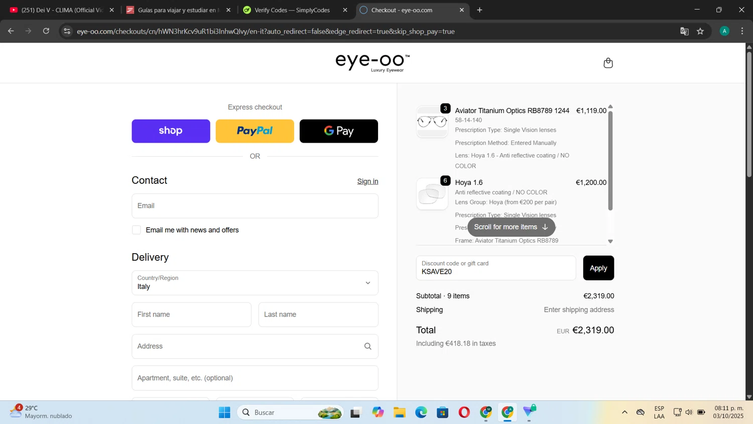 Eye-OO promo code screenshot showing code KSAVE20 applied at Eye-OO checkout page. Uploaded by SimplyCodes community member CouponSentinel181 on Oct 4, 2025