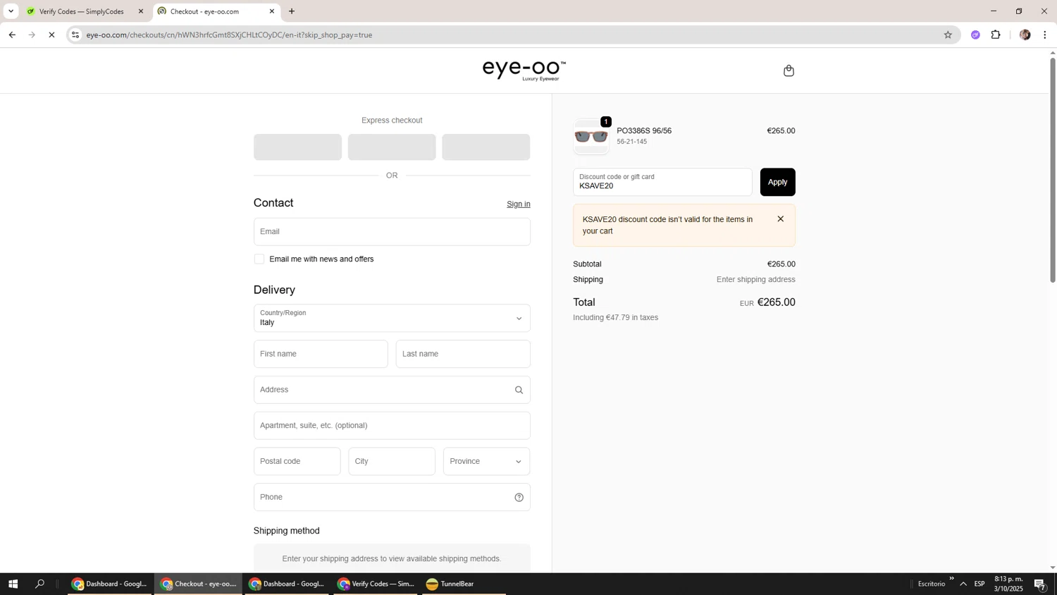 Eye-OO promo code screenshot showing code KSAVE20 applied at Eye-OO checkout page. Uploaded by SimplyCodes community member Levi_Ackerman on Oct 4, 2025