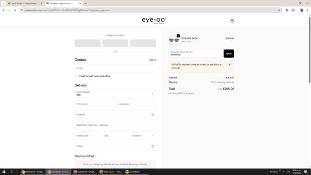 Eye-OO checkout page showing Eye-OO promo code box | Screenshot taken by SimplyCodes community member on Oct 4, 2025