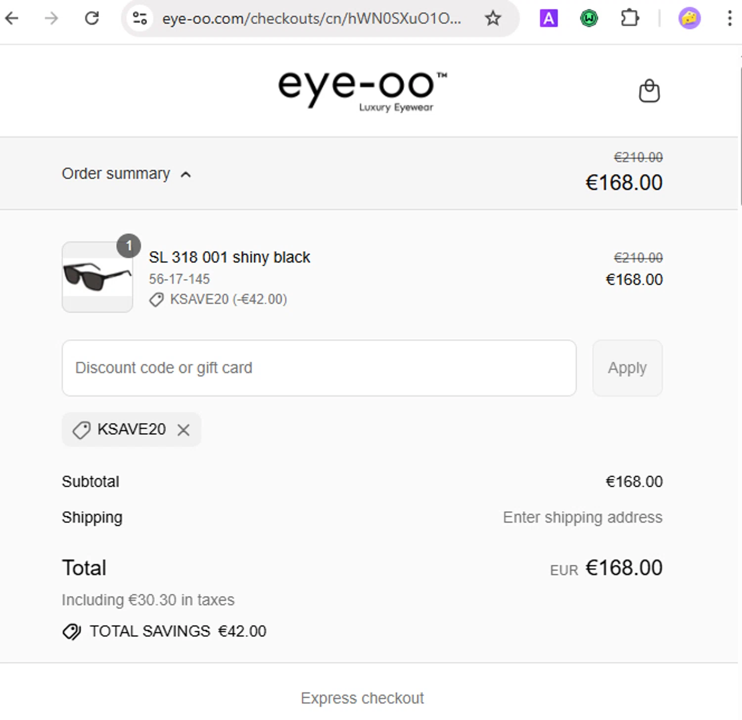 Eye-OO promo code screenshot showing code KSAVE20 applied at Eye-OO checkout page. Uploaded by SimplyCodes community member Loslocosdelavela on Jul 10, 2025
