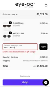 WELCOME10 coupon verification screenshot