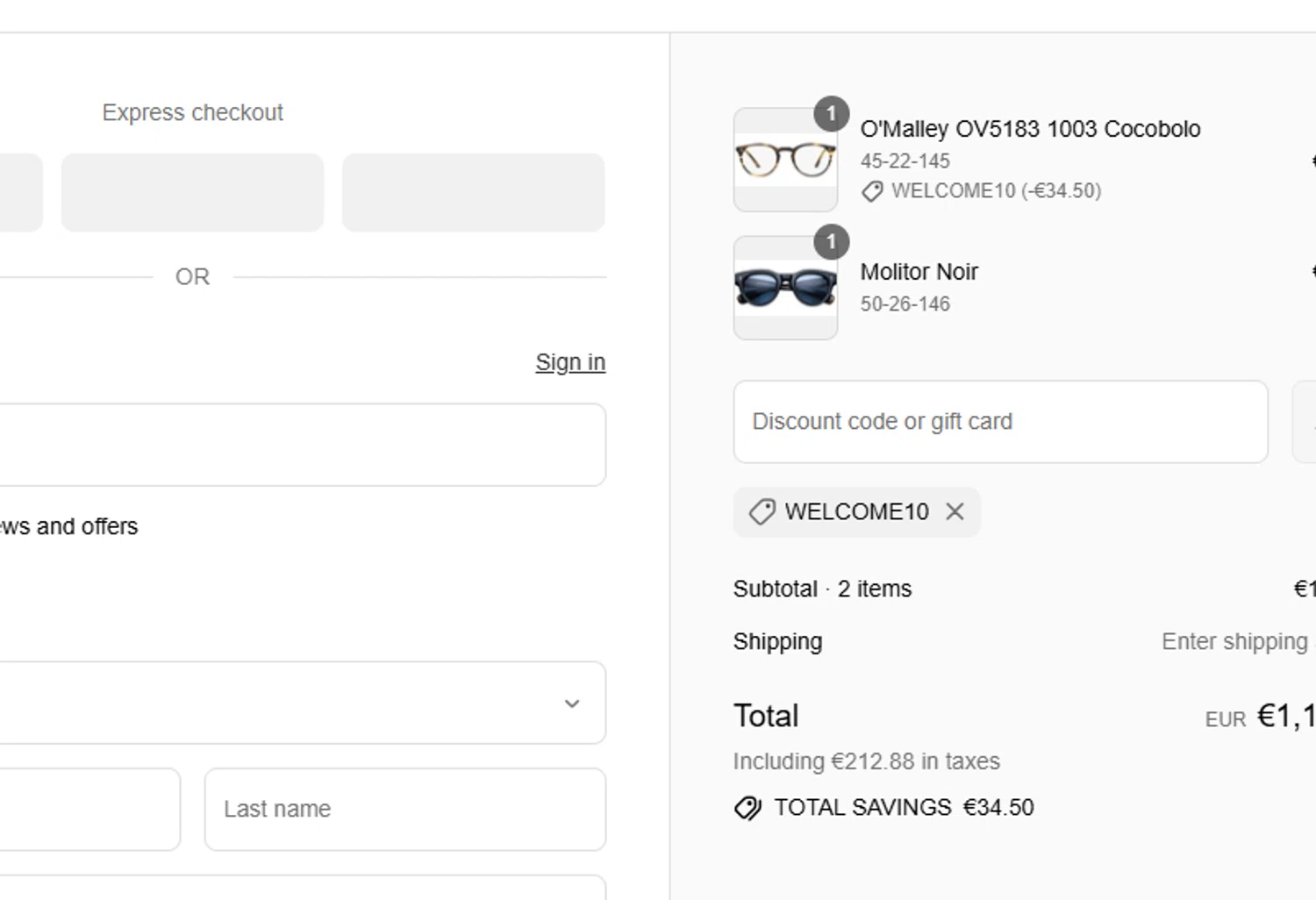 Eye-OO promo code screenshot showing code WELCOME10 applied at Eye-OO checkout page. Uploaded by SimplyCodes community member Kaizen on Sep 16, 2025