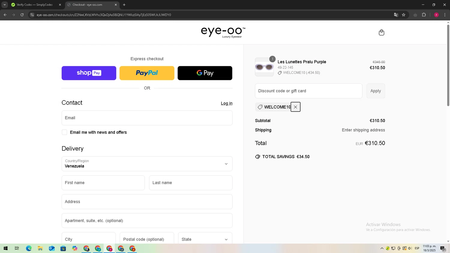 Eye-OO promo code screenshot showing code WELCOME10 applied at Eye-OO checkout page. Uploaded by SimplyCodes community member TreasureTitan9744 on Mar 19, 2025