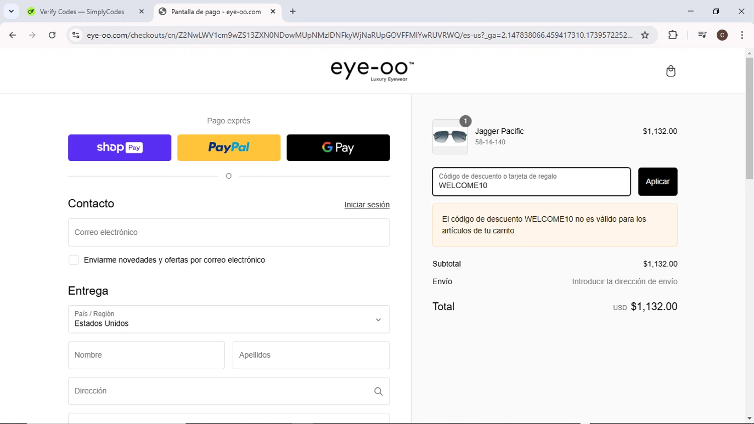 Eye-OO promo code screenshot showing code WELCOME10 applied at Eye-OO checkout page. Uploaded by SimplyCodes community member MoneyPilot9634 on Feb 14, 2025