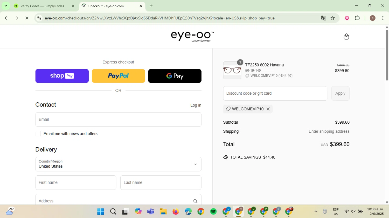 Eye-OO promo code screenshot showing code WELCOMEVIP10 applied at Eye-OO checkout page. Uploaded by SimplyCodes community member NobleExpert6497 on Jun 2, 2025