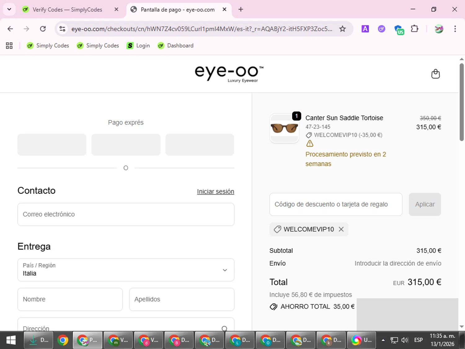 Eye-OO checkout page showing Eye-OO promo code box | Screenshot taken by SimplyCodes community member on Jan 13, 2026