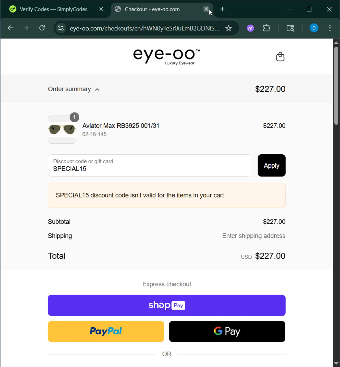 Eye-OO promo code screenshot showing code SPECIAL15 applied at Eye-OO checkout page. Uploaded by SimplyCodes community member GoldChaser6627 on Jul 24, 2025