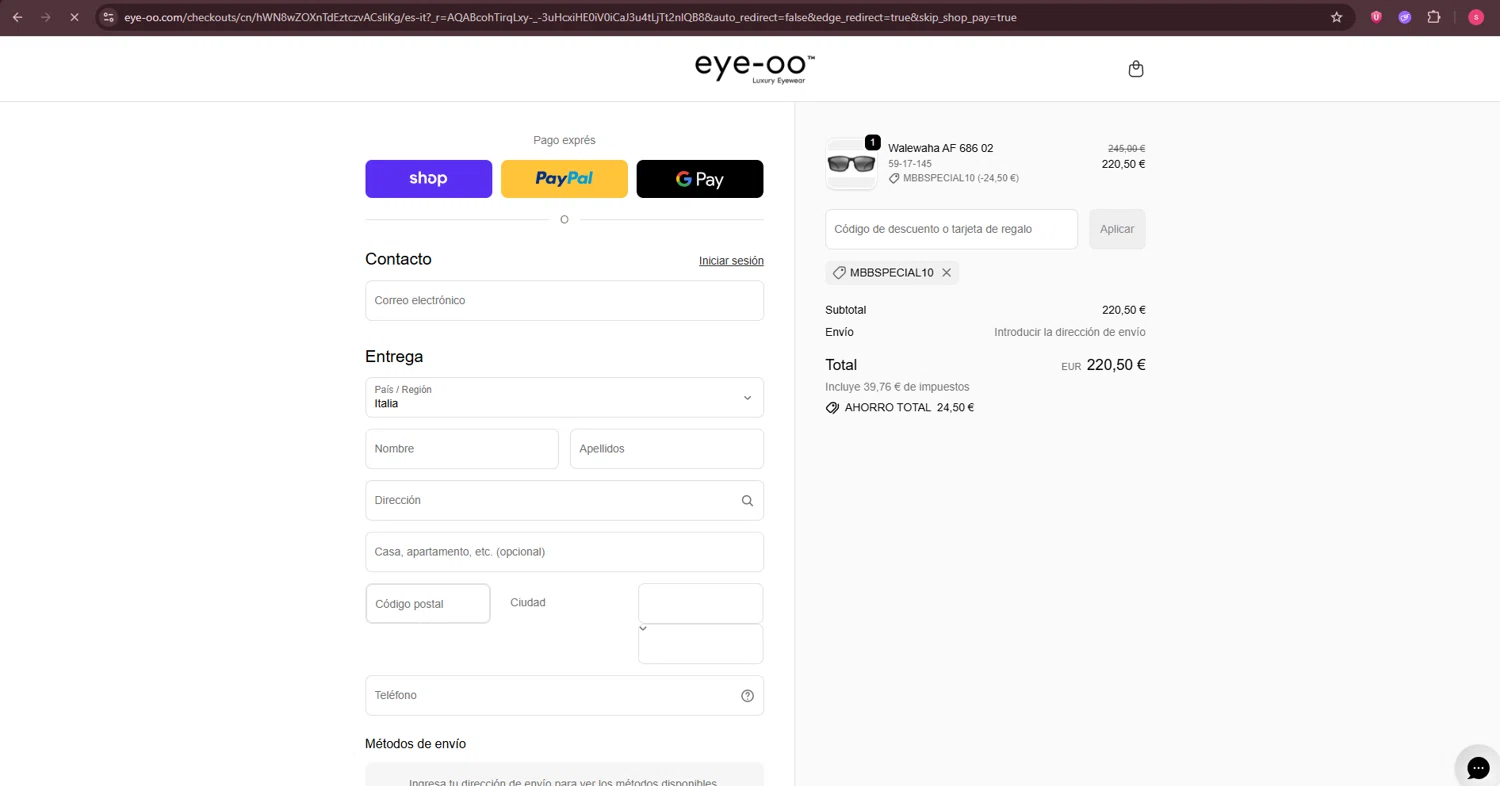 Eye-OO checkout page showing Eye-OO promo code box | Screenshot taken by SimplyCodes community member on Feb 18, 2026