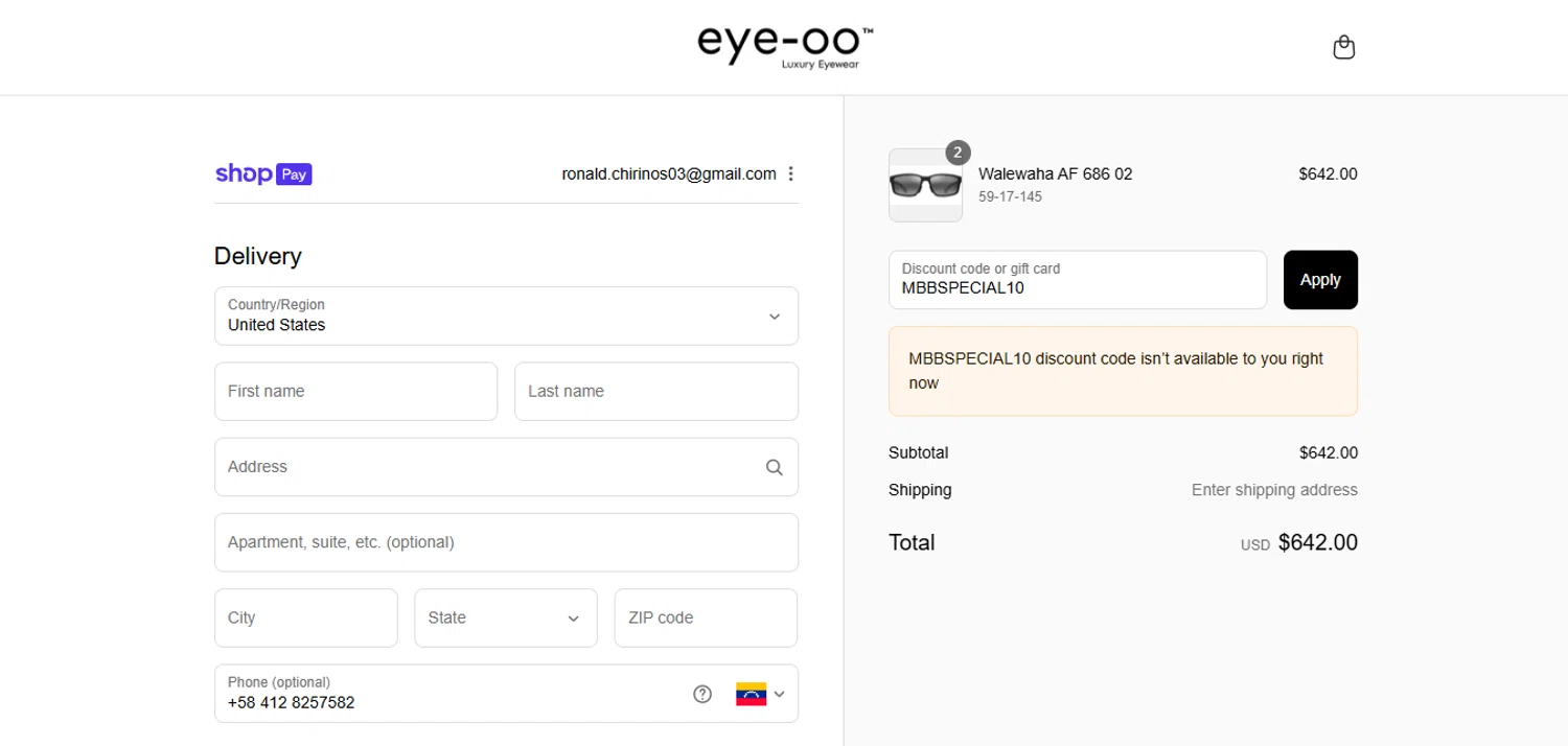 Eye-OO promo code screenshot showing code MBBSPECIAL10 applied at Eye-OO checkout page. Uploaded by SimplyCodes community member PennySage5996 on Jul 28, 2025