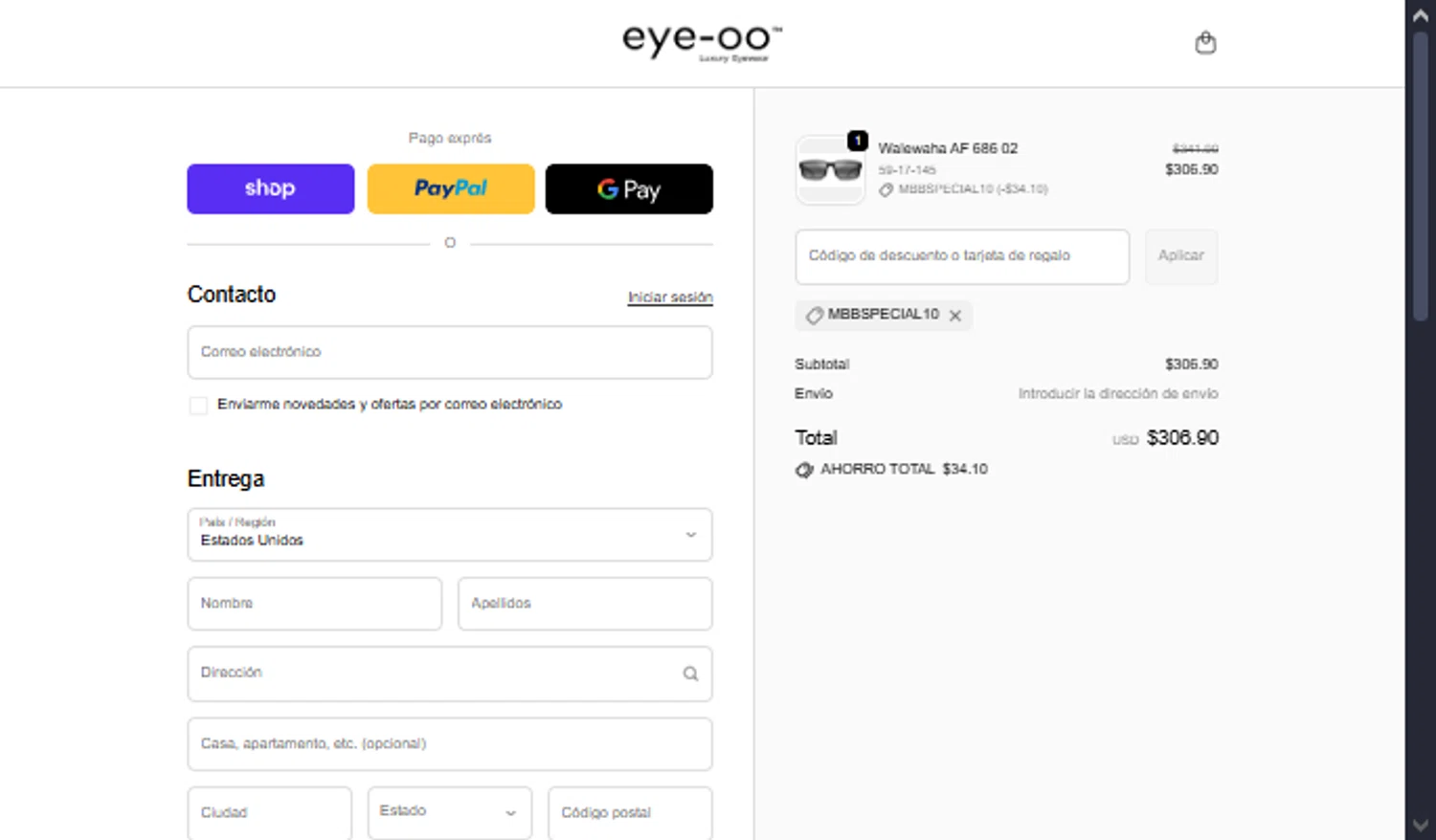 Eye-OO promo code screenshot showing code MBBSPECIAL10 applied at Eye-OO checkout page. Uploaded by SimplyCodes community member TraxoGamer on Nov 15, 2025