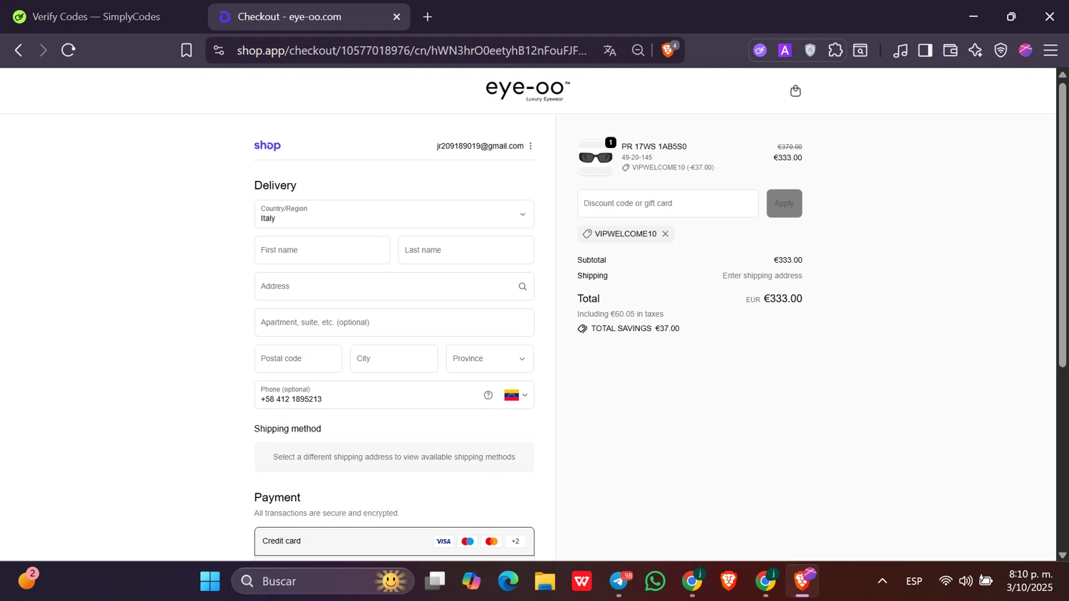 Eye-OO promo code screenshot showing code VIPWELCOME10 applied at Eye-OO checkout page. Uploaded by SimplyCodes community member Toji_fushiguro on Oct 4, 2025
