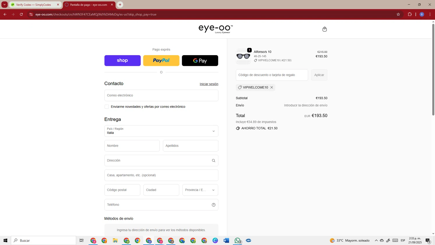 Eye-OO promo code screenshot showing code VIPWELCOME10 applied at Eye-OO checkout page. Uploaded by SimplyCodes community member TokenSentinel5304 on Sep 21, 2025