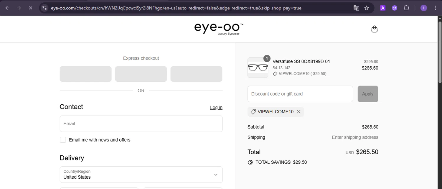 Eye-OO promo code screenshot showing code VIPWELCOME10 applied at Eye-OO checkout page. Uploaded by SimplyCodes community member joineds on Sep 9, 2025